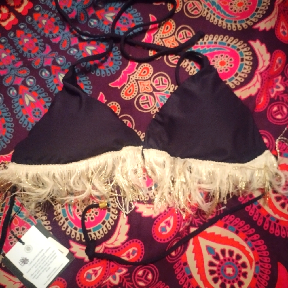 AGUACLARA Bikini Top Luxury Swimwear size M Black with Gold & Cream Frin…